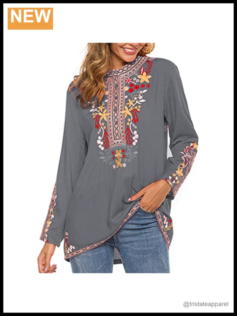 Women's Boho Embroidered Long Sleeve Peasant Tunic Blouse Rayon